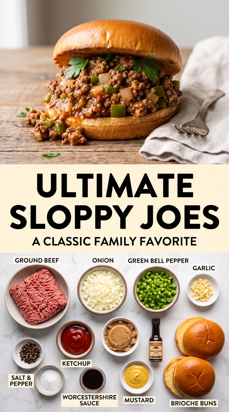 Hamburger Meat Sandwich Recipes with sloppy joe sandwiches with beef, onion, green pepper, garlic, ketchup, mustard, and soft brioche buns