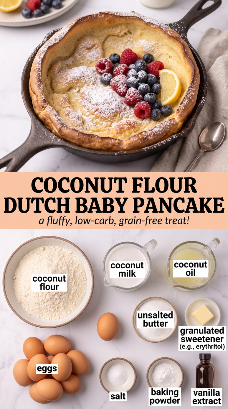 Coconut Flour Dutch Baby Pancake showing a golden coconut-flour Dutch baby topped with berries, lemon and powdered sugar