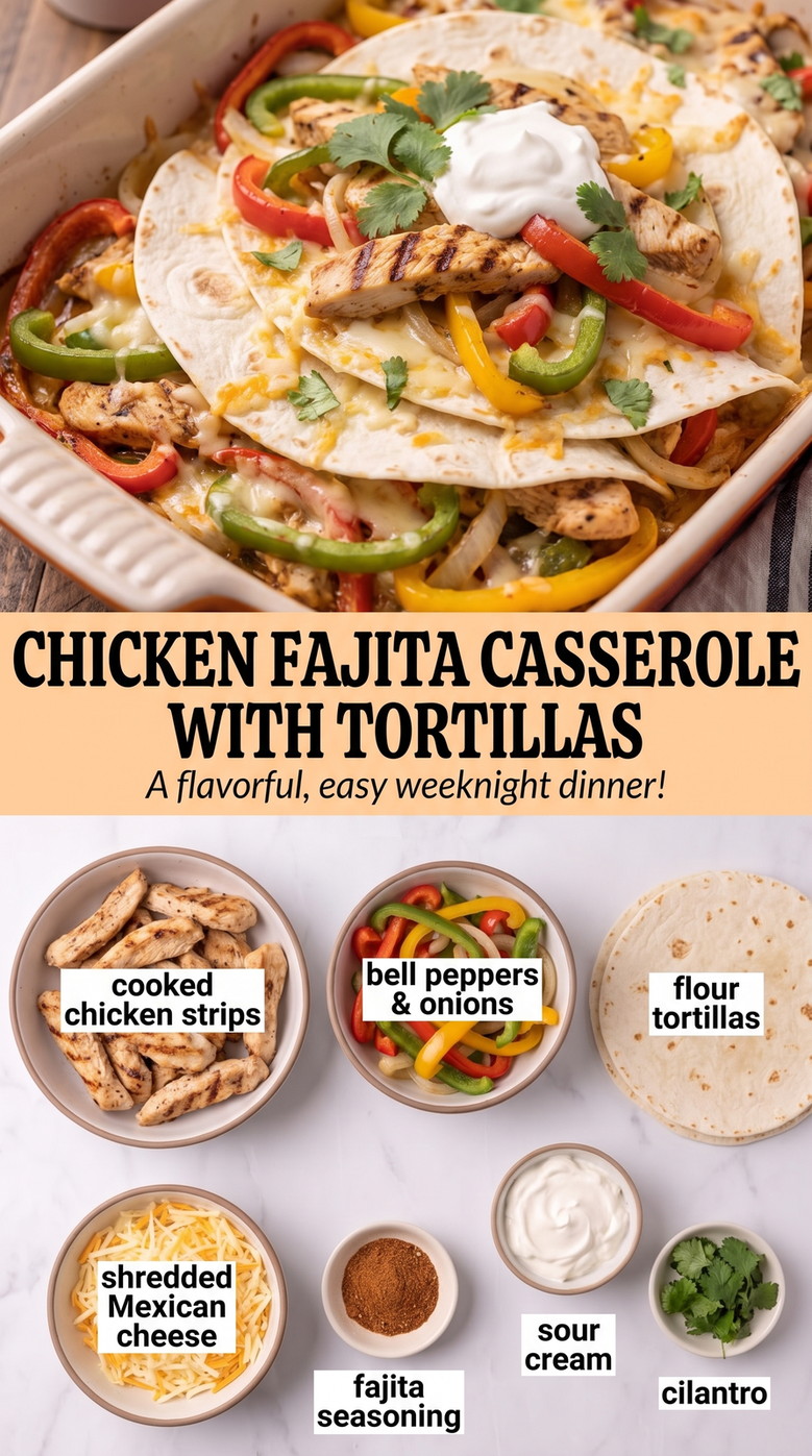 Chicken fajita casserole with tortillas showing a baked chicken fajita casserole with tortillas, peppers, onions, and melted cheese