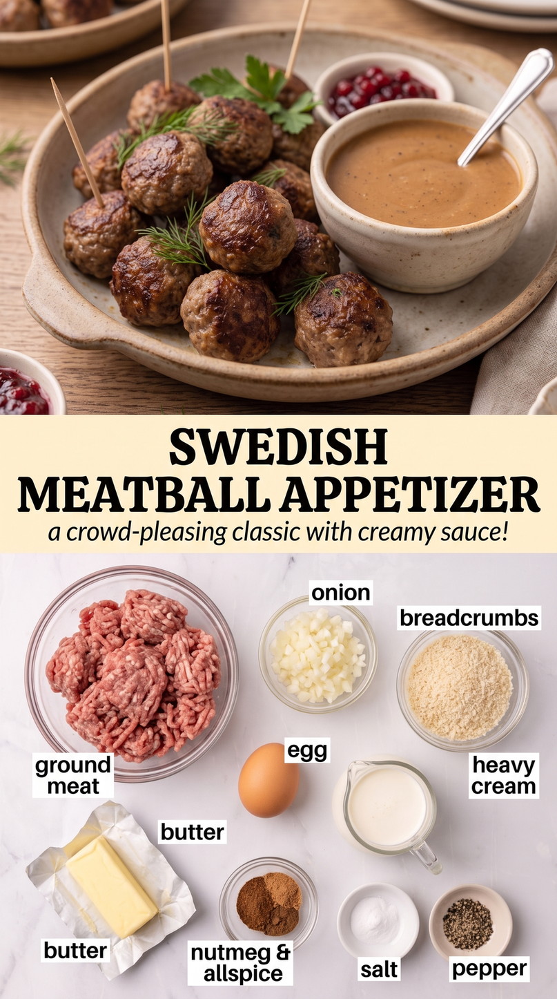 Swedish meatball appetizer finished dish made with ground meat, onion, and breadcrumbs