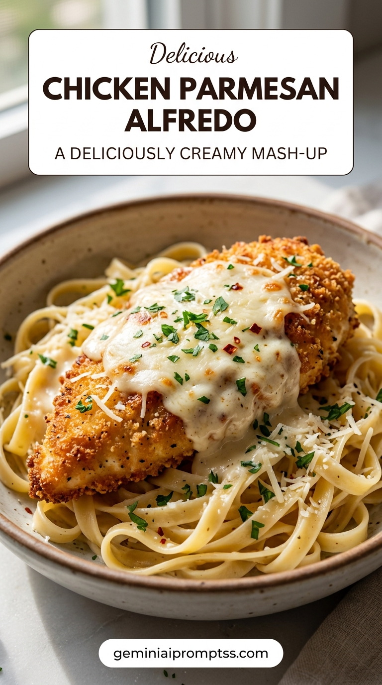 Chicken Parmesan Recipe Alfredo finished dish with crisp Parmesan crust