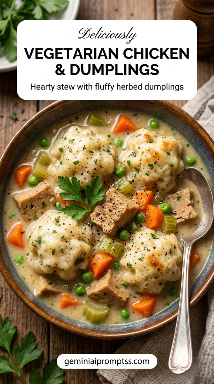 Vegetarian Chicken and Dumplings showing vegetarian chicken-style stew with carrots, celery, peas, and fluffy herb dumplings