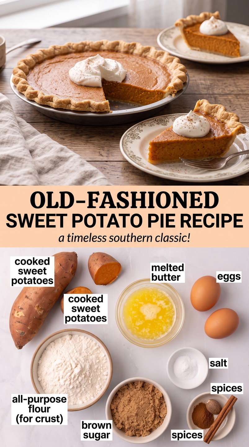 Old-fashioned sweet potato pie recipe finished dish made with cooked sweet potatoes, melted butter, and eggs