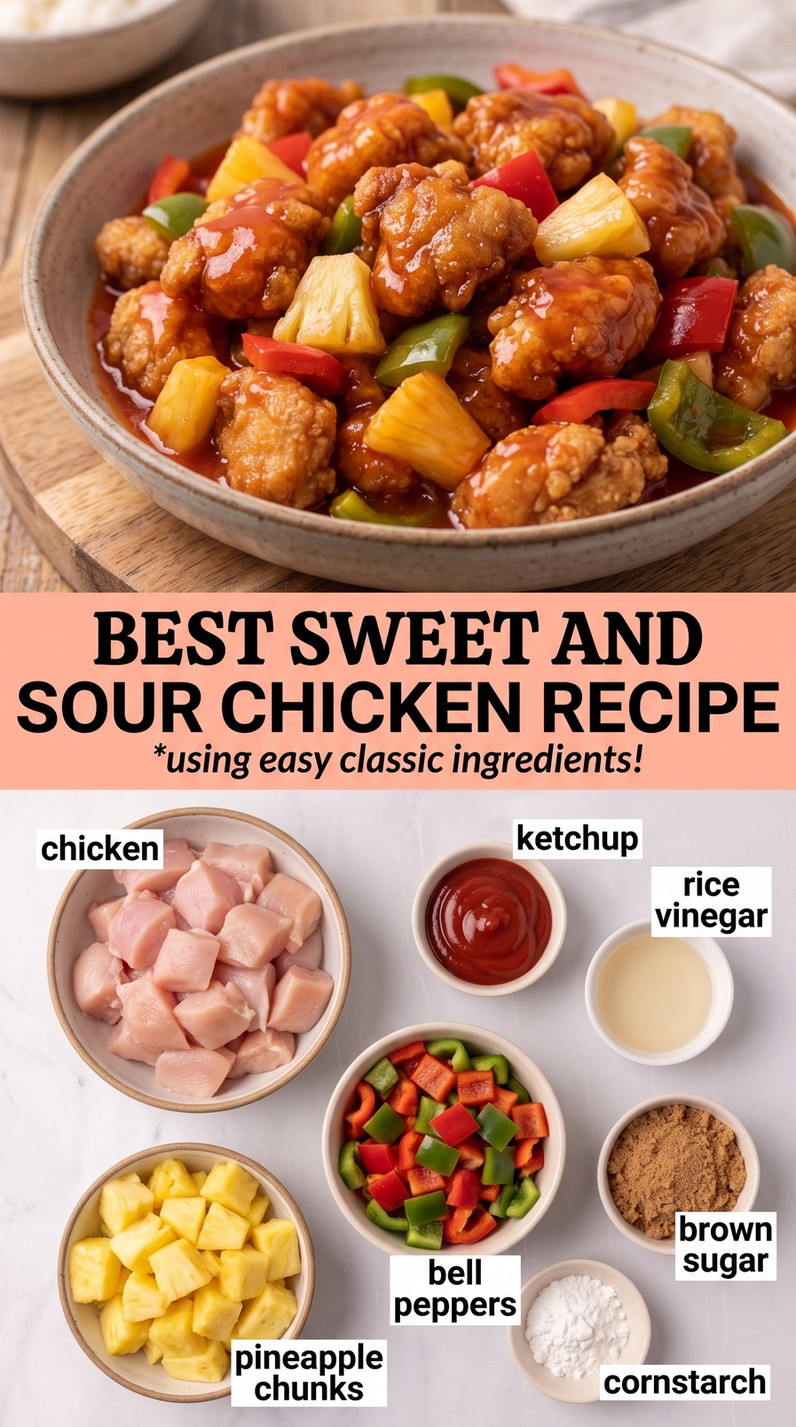 Best sweet and sour chicken recipe finished dish made with chicken, ketchup, and rice vinegar