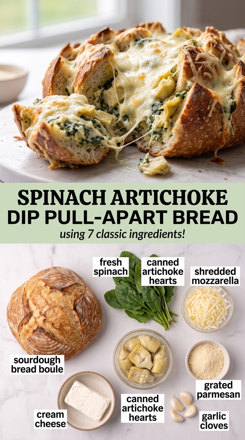 Spinach artichoke dip pull-apart bread finished dish made with sourdough bread boule, fresh spinach, and canned artichoke hearts