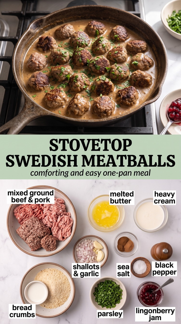 Stovetop Swedish meatballs finished dish made with ground beef and pork, melted butter, and heavy cream