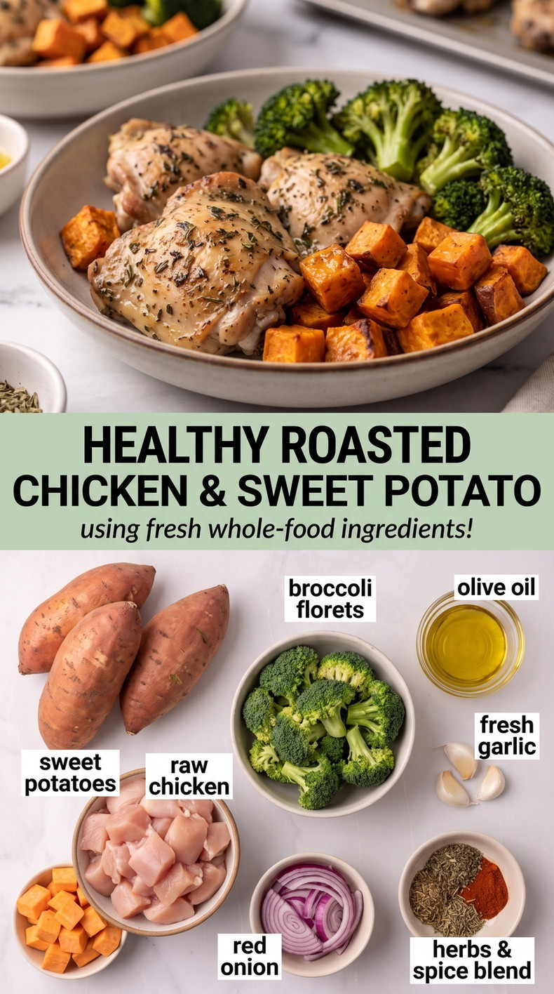 Healthy chicken and sweet potato recipe finished dish made with sweet potatoes, chicken, and broccoli florets