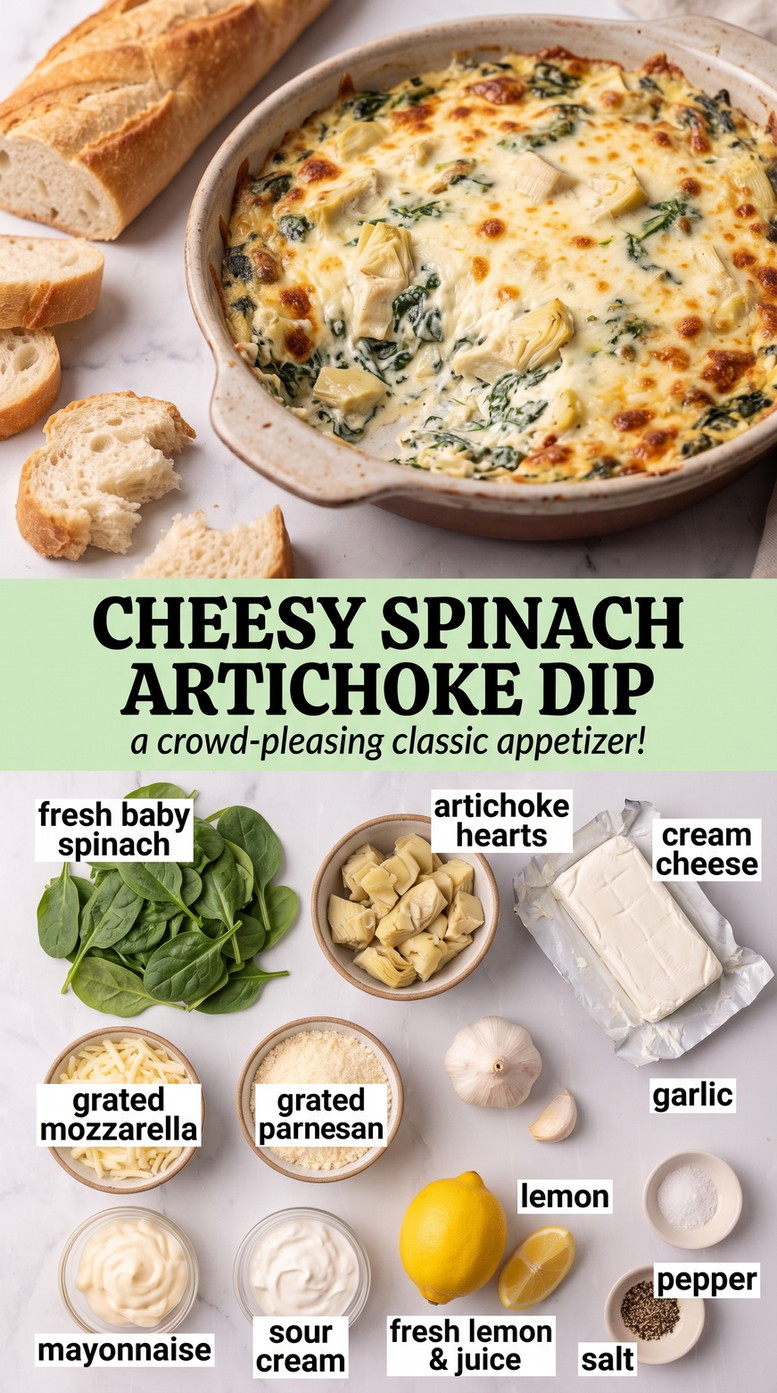 Cheesy spinach artichoke dip finished dish made with fresh baby spinach, artichoke hearts, and cream cheese