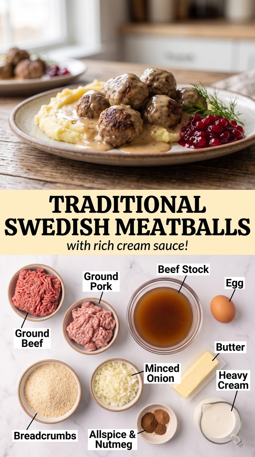 Traditional Swedish meatballs finished dish made with ground beef, ground pork, and beef stock