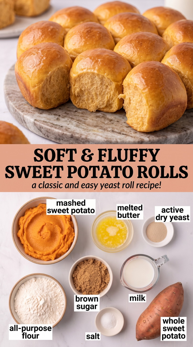 Sweet potato rolls recipe finished dish made with mashed sweet potato, melted butter, and active dry yeast