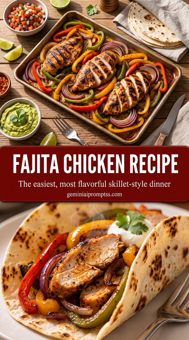 Fajita Chicken Recipe with browned chicken or steak with red and green peppers, onions, and a bright fresh finish