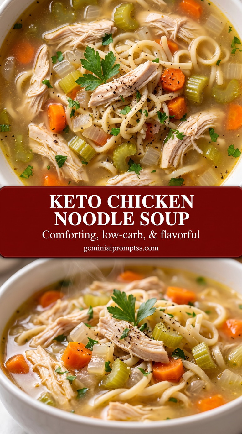 Keto chicken noodle soup showing a comforting chicken noodle soup with tender vegetables and noodles