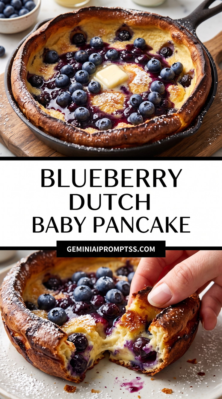 Blueberry Dutch Baby Pancake showing blueberry-studded Dutch baby with dark crisp edges, melted butter in the center, powdered sugar