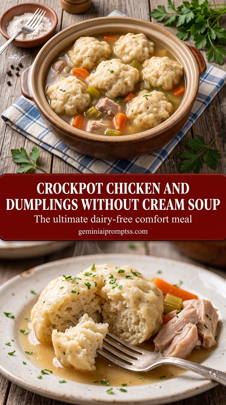 crockpot chicken and dumplings without cream soup with a clear creamy chicken stew with shredded chicken, carrots, celery, herbs, and large drop dumplings
