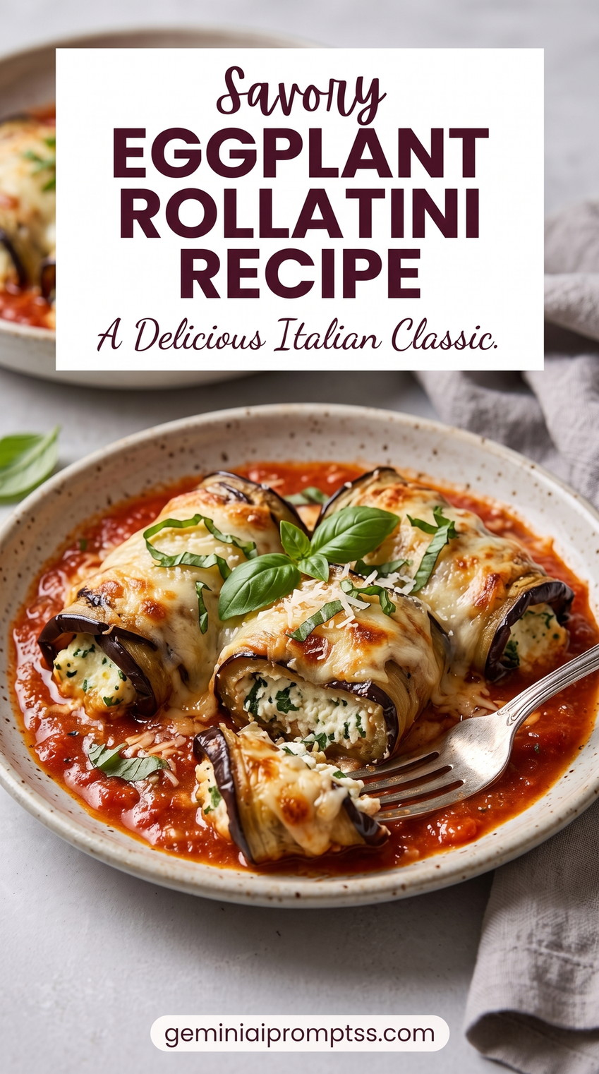Spinach-Ricotta Eggplant Rollatini showing eggplant rolls filled with pale cheese and greens, baked in tomato sauce with melted cheese