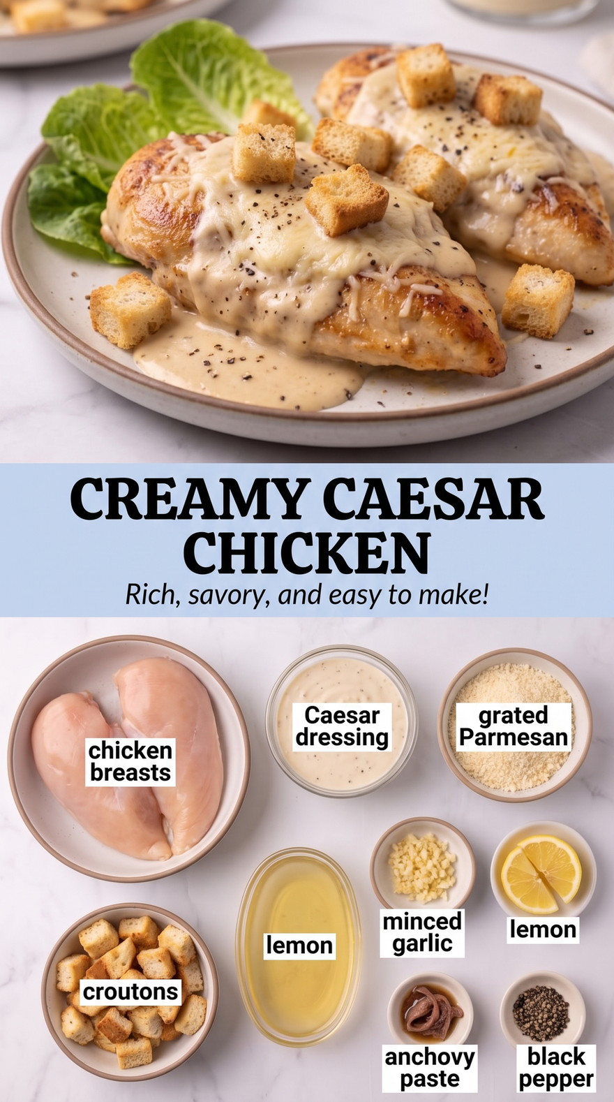 Creamy Caesar Chicken - chicken with crisp romaine, Parmesan, Caesar dressing, and crunchy toppings