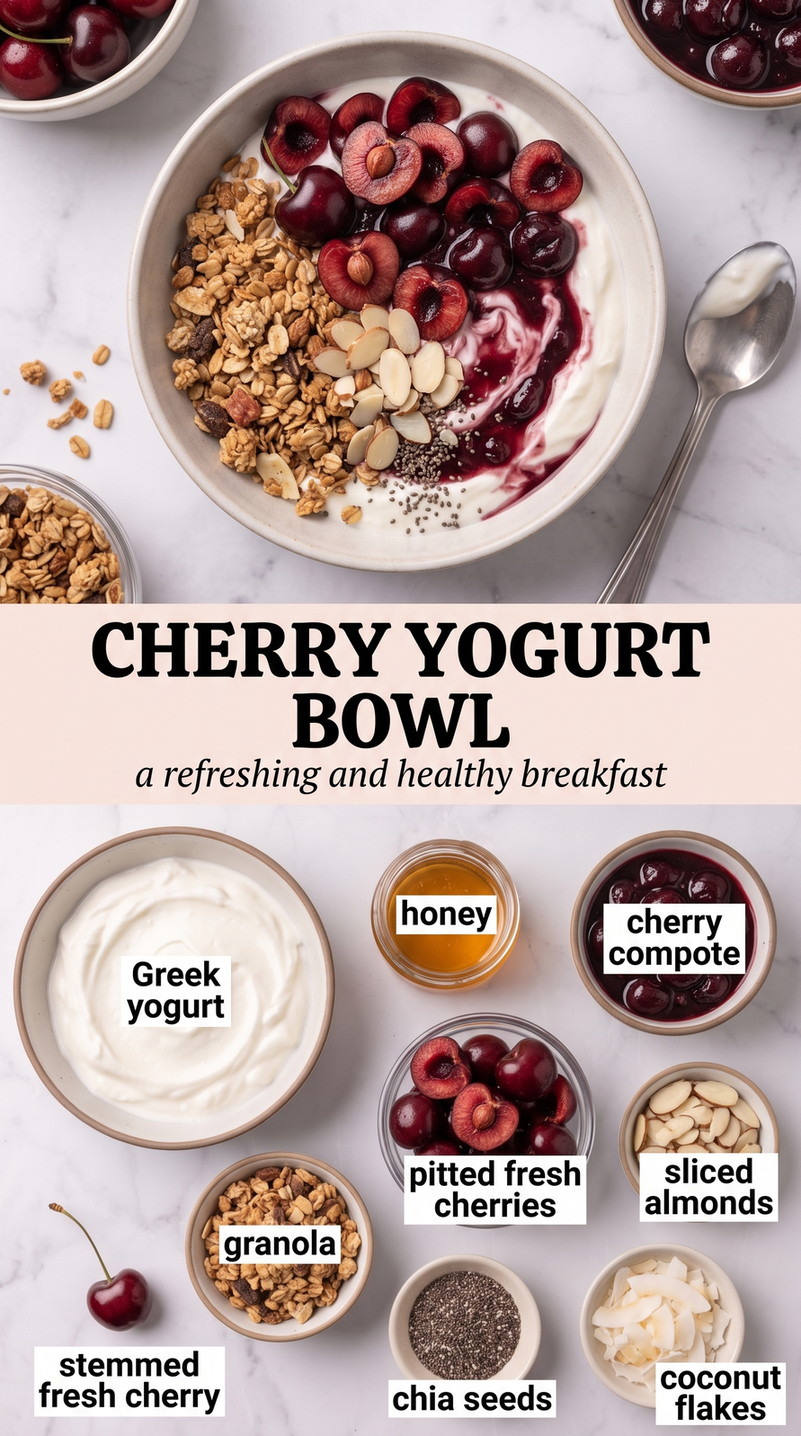 Cherry Yogurt Bowl showing Greek yogurt with fresh cherries, cherry compote, granola, almonds, chia, coconut, and honey