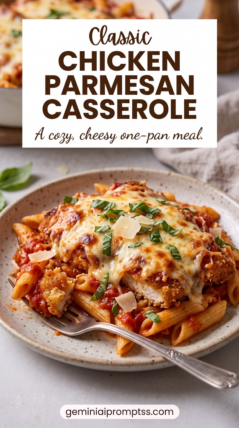 Chicken Parmesan Casserole Recipe with golden chicken cutlets with a red tomato sauce, melted cheese, Parmesan, and a fresh green herb garnish