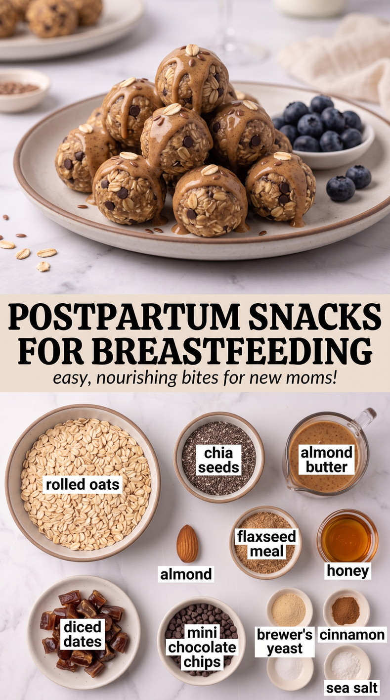 Postpartum Snacks for Breastfeeding showing oat-based no-bake energy bites with chocolate chips and blueberries on the side