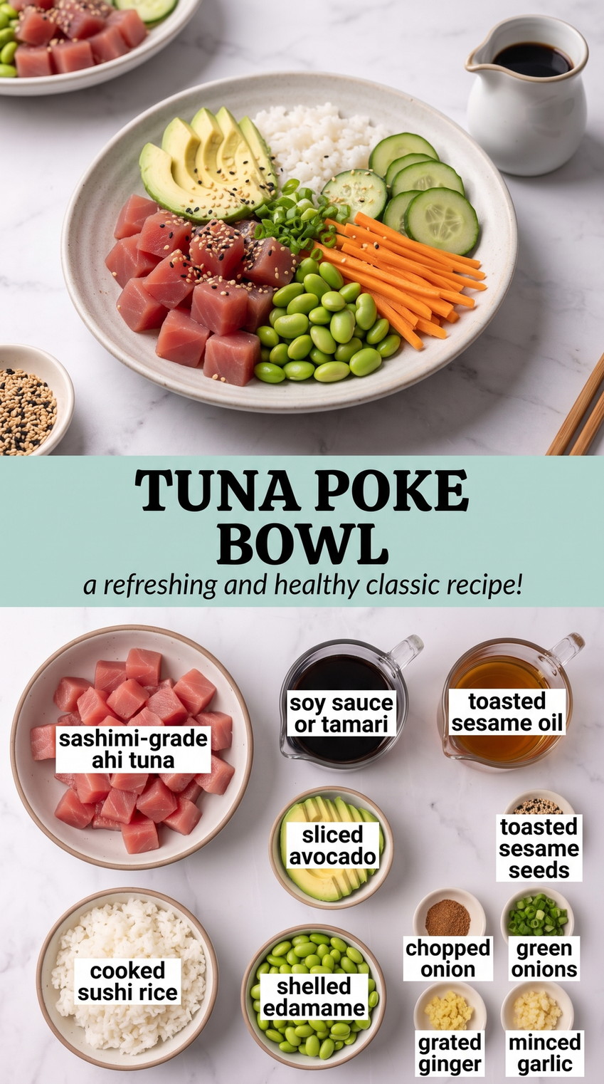 Tuna Poke Bowl showing tuna poke with rice, avocado, cucumber, edamame, sesame, and scallions
