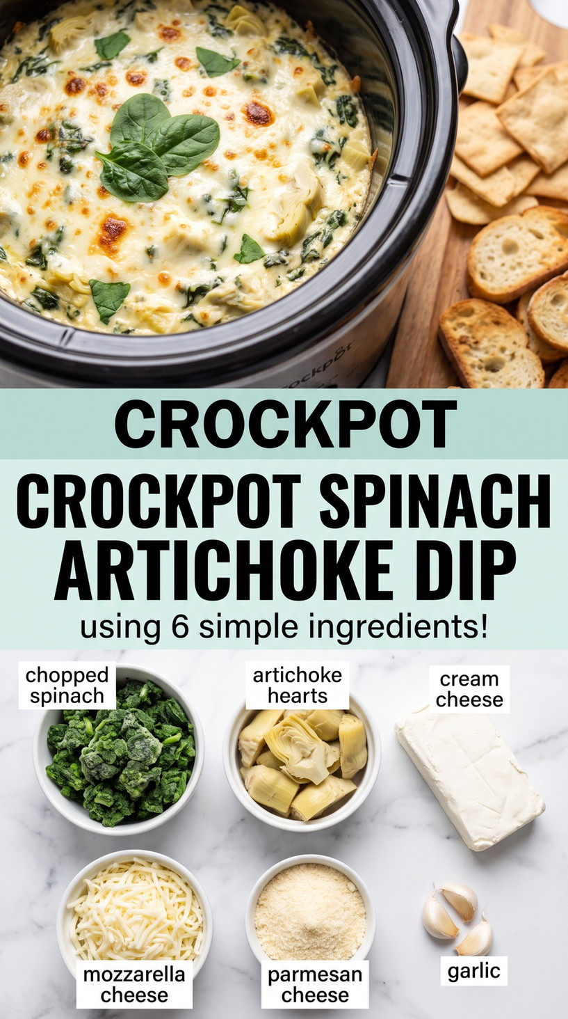 Crockpot spinach artichoke dip finished dish made with chopped spinach, artichoke hearts, and cream cheese