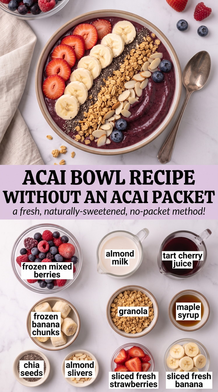 Acai Bowl Recipe without an Acai Packet with berry bowl without an acai packet, topped with strawberries, banana, granola, almonds, and chia