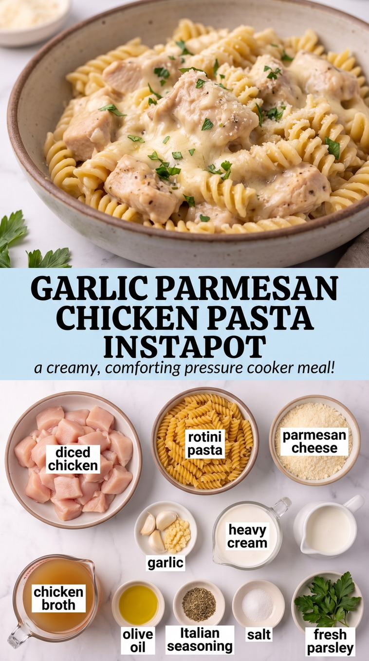 Garlic parmesan chicken pasta instapot showing Parmesan-crusted chicken served over creamy pasta