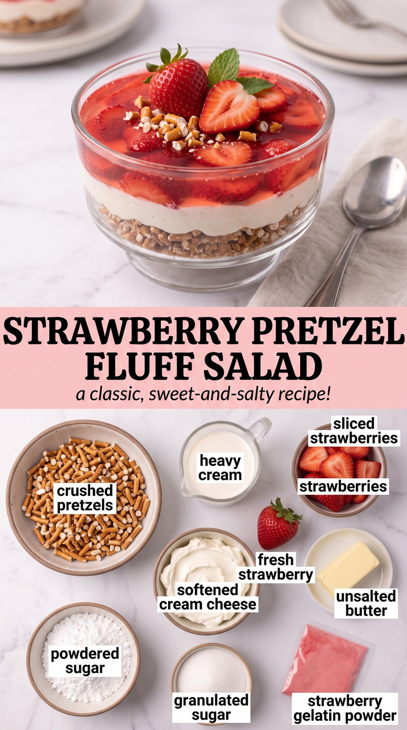 Strawberry Pretzel Fluff Salad with strawberry pretzel fluff with real berry puree, cream cheese, whipped cream, and crisp pretzel pieces