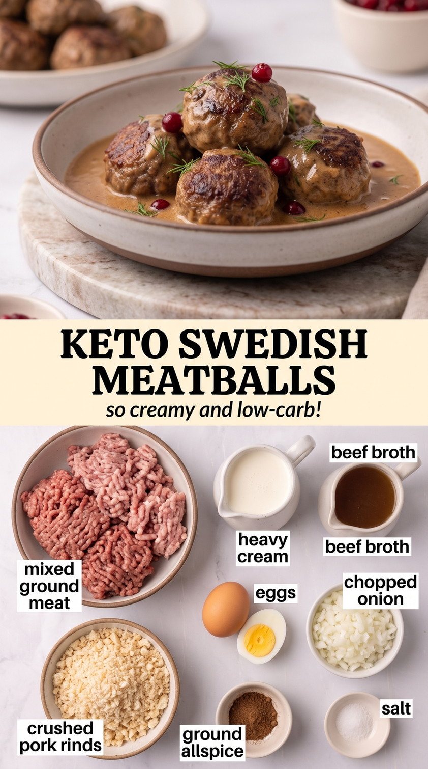 Keto Swedish meatballs finished dish made with mixed ground meat, heavy cream, and beef broth
