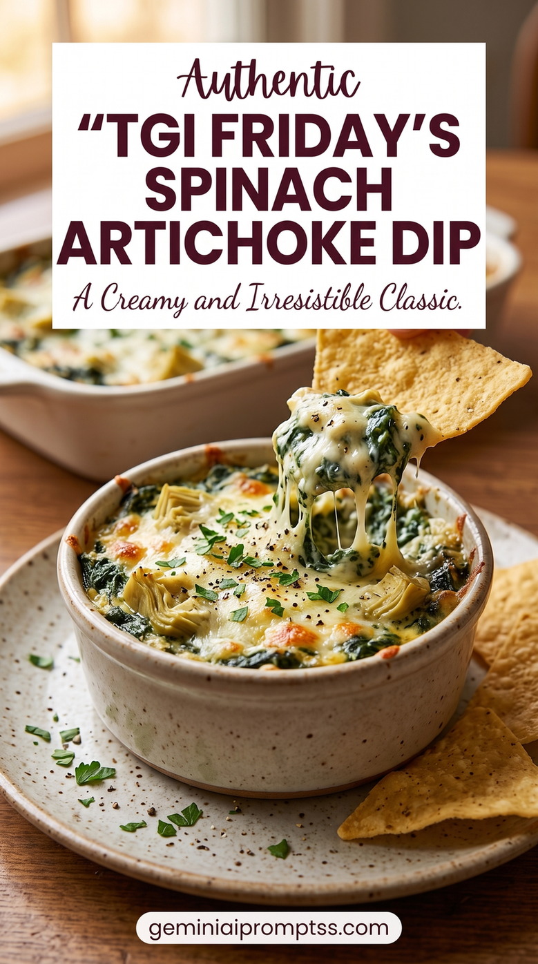 TGI Friday's spinach artichoke dip showing a copycat-inspired, extra-cheesy dip with artichoke chunks, spinach, and a browned mozzarella top