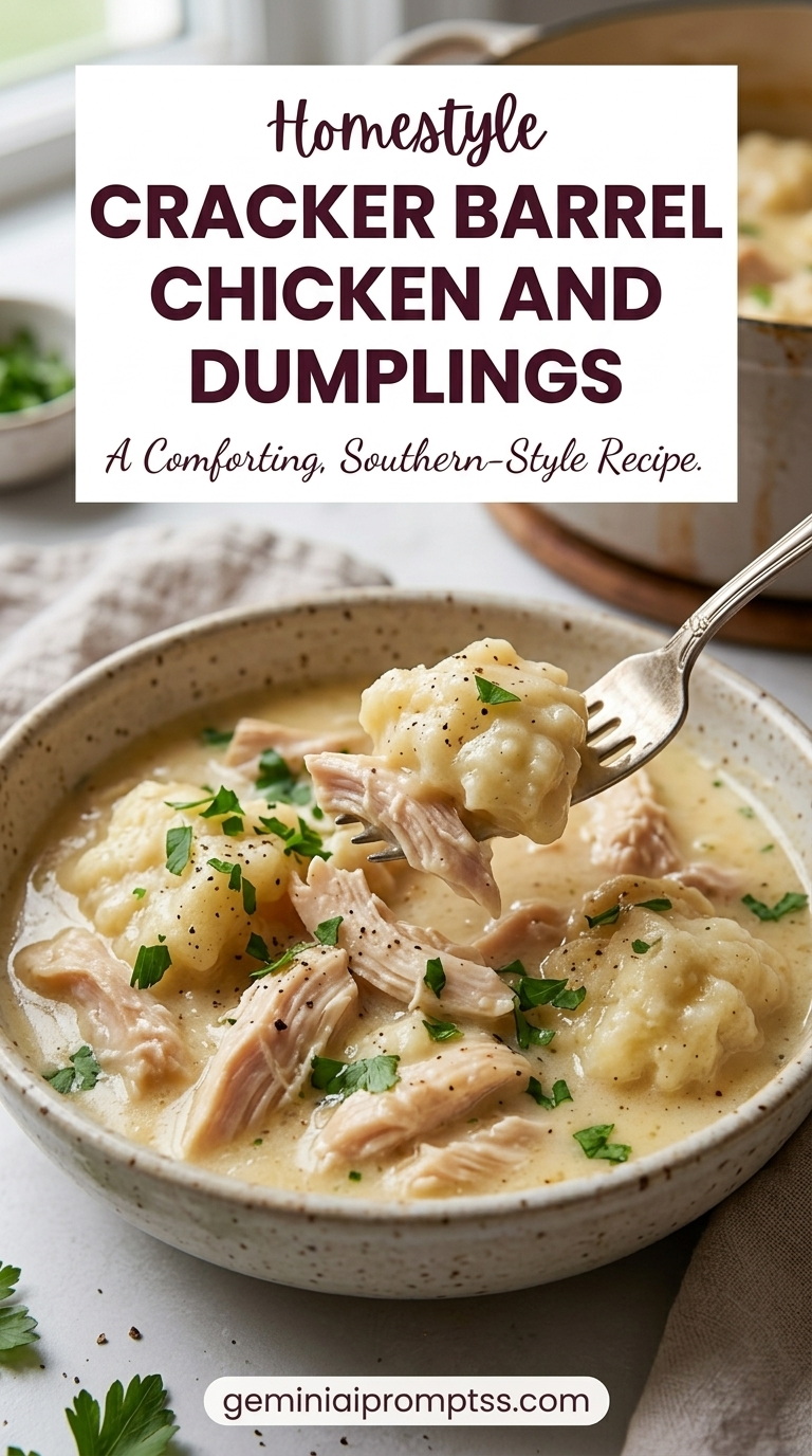 Cracker Barrel Chicken and Dumplings Recipe showing shredded chicken in a pale, comforting broth with dumplings and a light green herb garnish