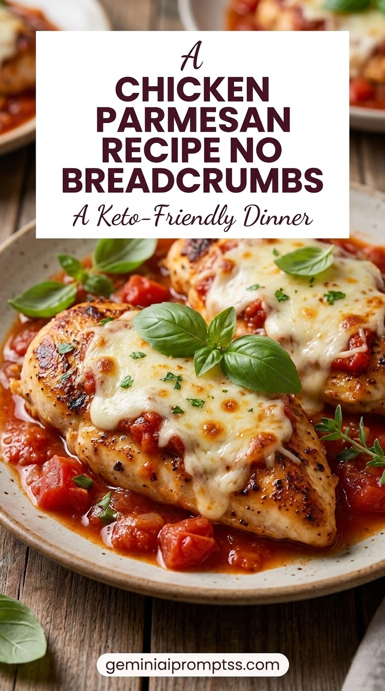 Chicken Parmesan Recipe no Breadcrumbs with golden chicken cutlets with a red tomato sauce, melted cheese, Parmesan, and a fresh green herb garnish