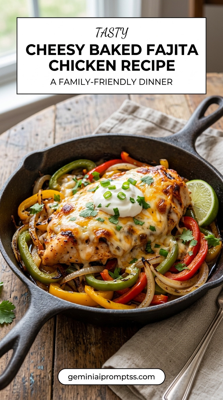 Cheesy Baked Fajita Chicken Recipe finished dish with bell peppers, onion