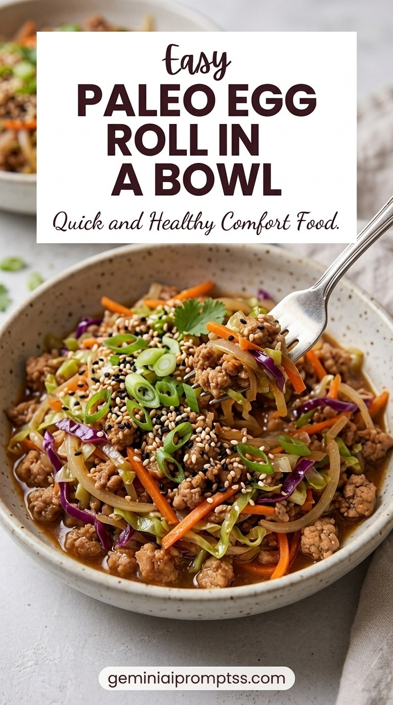 Paleo Egg Roll in a Bowl showing ground pork with cabbage, carrots, onion, ginger, garlic, scallions, sesame, and savory sauce