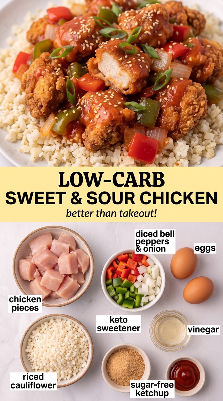 Low-carb sweet and sour chicken finished dish made with chicken pieces, diced bell peppers, and onion