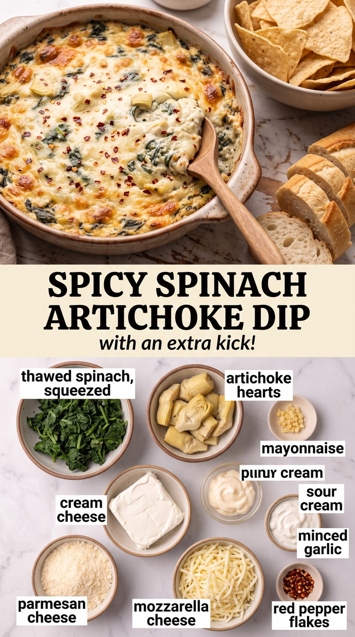 Spicy spinach artichoke dip finished dish made with thawed spinach, artichoke hearts, and mayonnaise