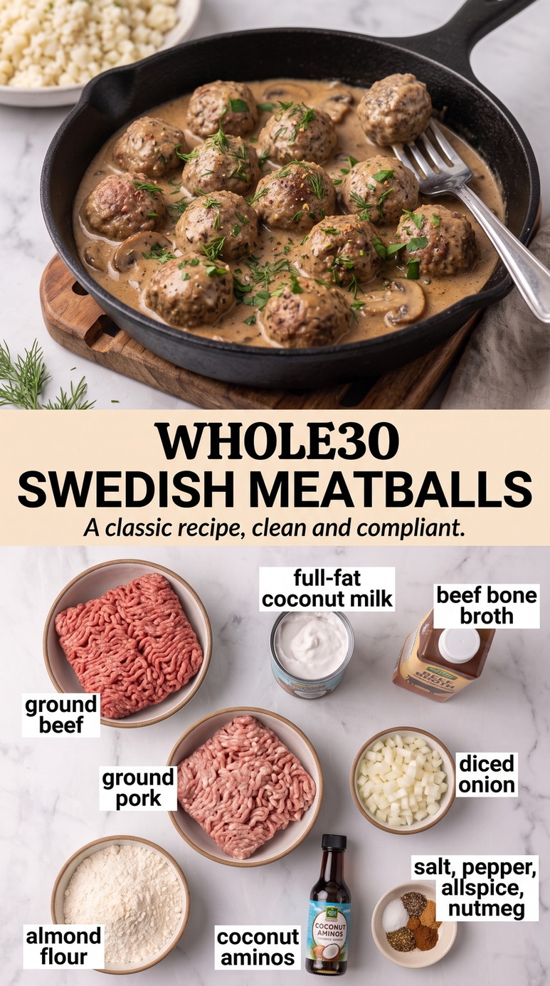 Paleo Swedish meatballs finished dish made with ground beef, ground pork, and full-fat coconut milk