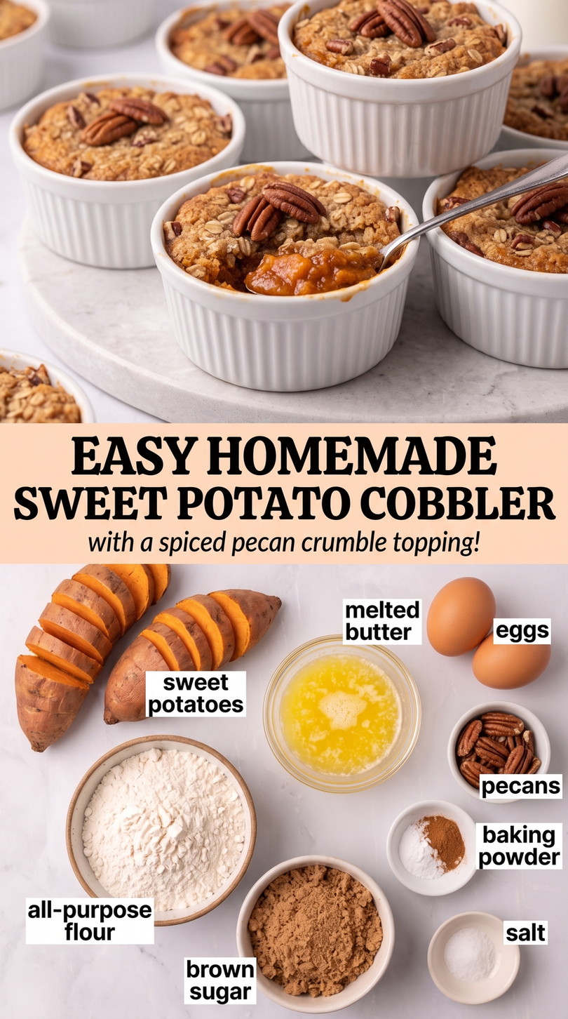 Sweet potato cobbler recipe finished dish made with sweet potatoes, melted butter, and eggs