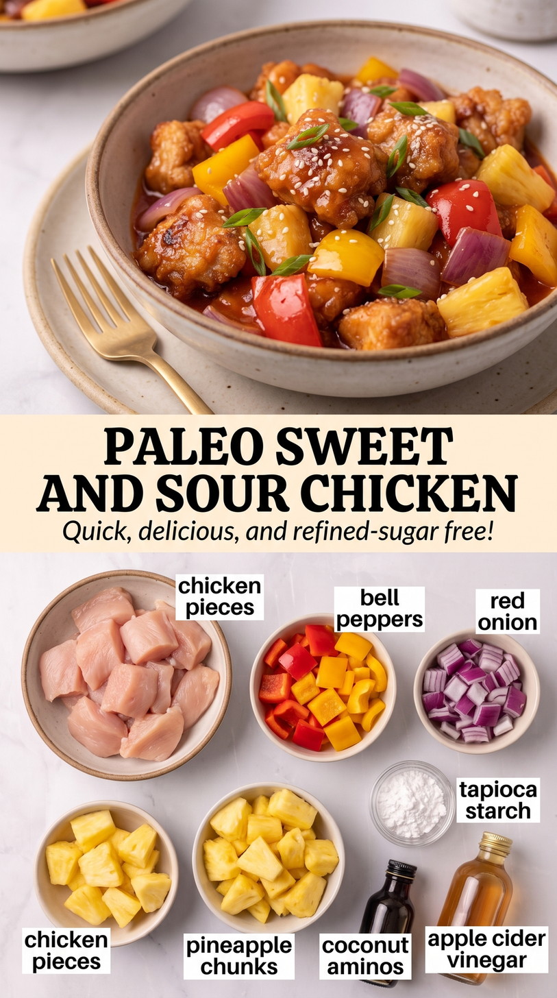 Paleo sweet and sour chicken finished dish made with chicken pieces, bell peppers, and red onion