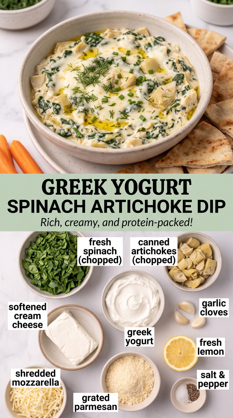 Greek yogurt spinach artichoke dip finished dish made with fresh spinach, canned artichokes, and softened cream cheese