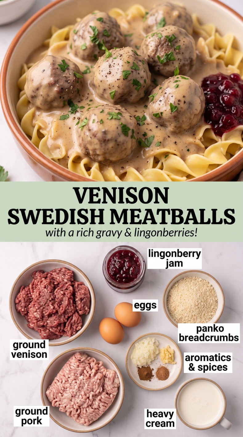 Venison Swedish meatballs finished dish made with ground venison, ground pork, and eggs