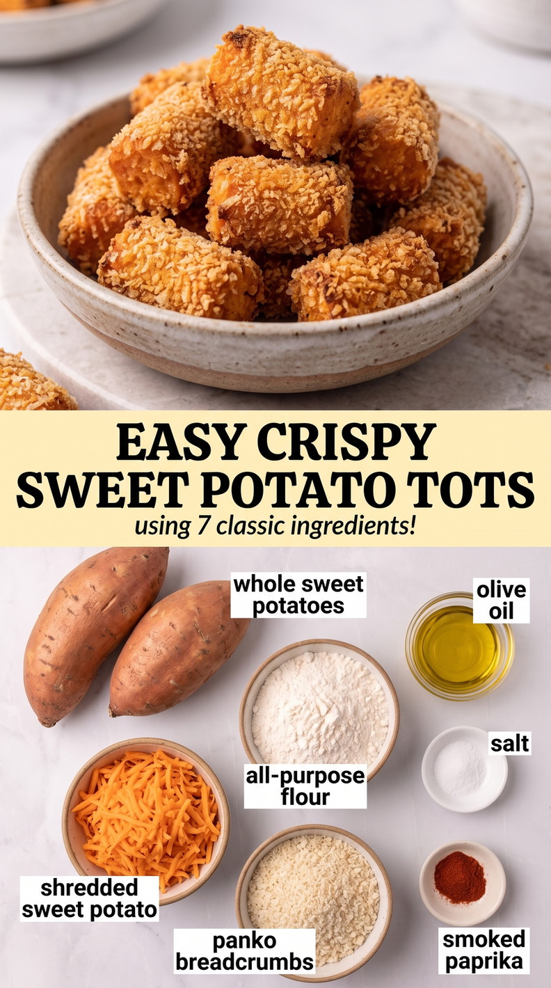 Sweet potato tots recipe finished dish made with whole sweet potatoes, shredded sweet potato, and olive oil