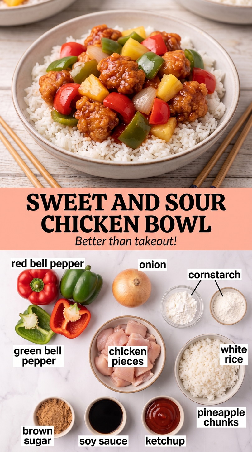 Sweet and sour chicken bowl finished dish made with red bell pepper, green bell pepper, and onion