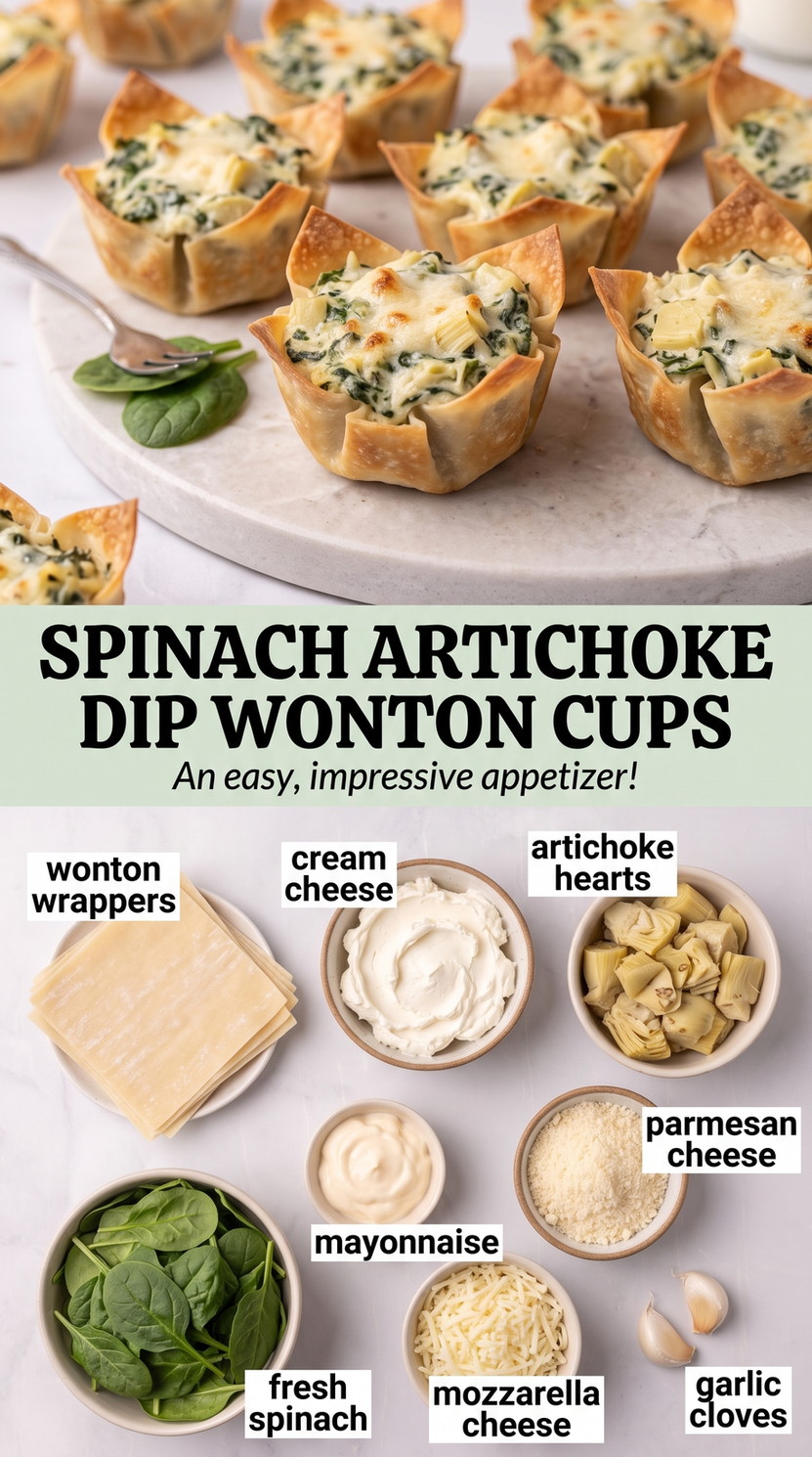Spinach artichoke dip wonton cups finished dish made with wonton wrappers, cream cheese, and artichoke hearts