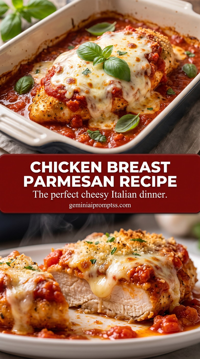 Chicken breast parmesan recipe showing golden Parmesan-crusted chicken with a crisp browned coating
