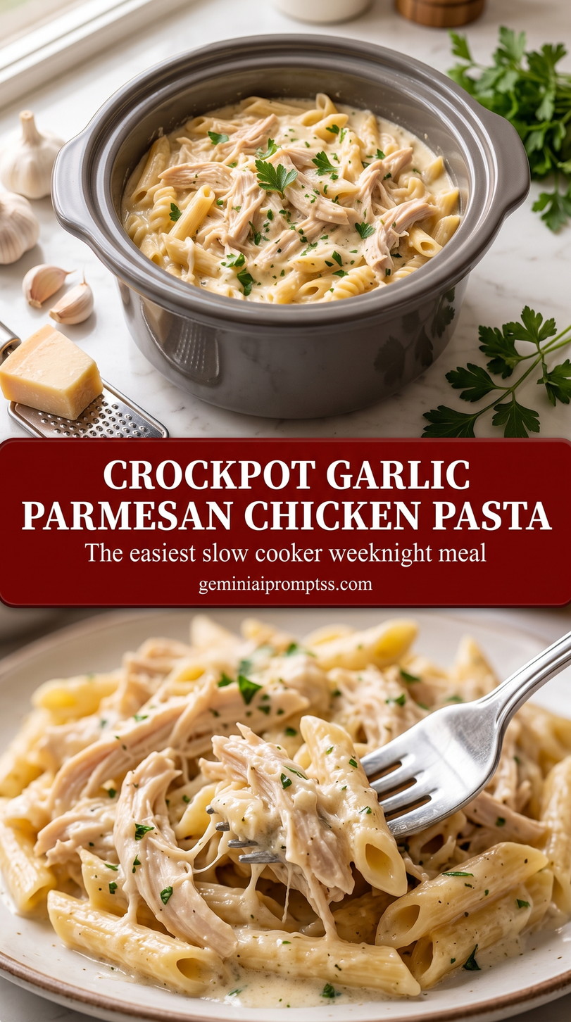 Crockpot Garlic Parmesan Chicken Pasta with creamy chicken pasta with Parmesan, garlic, pale sauce, and a fresh herb finish