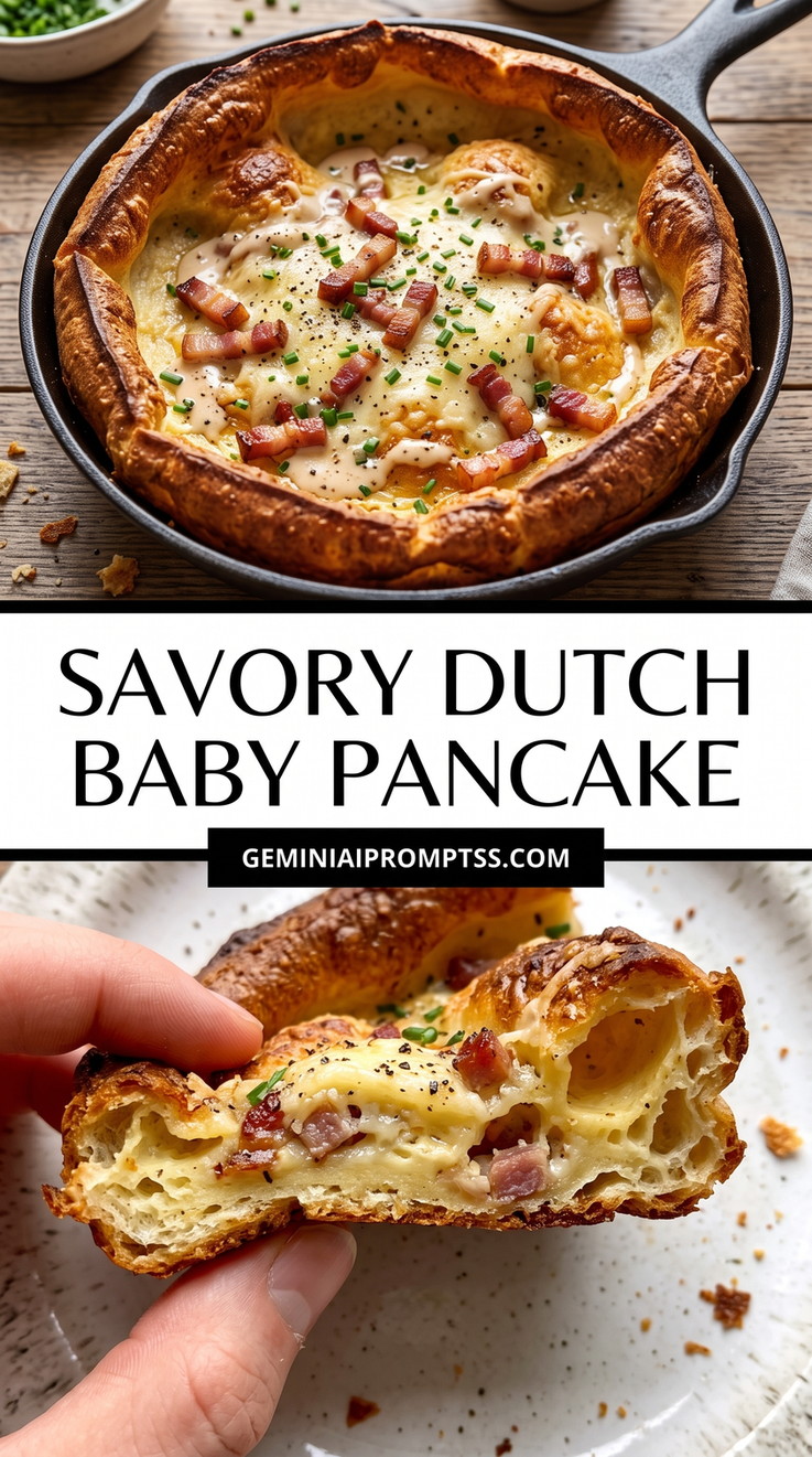 Savory Dutch Baby Pancake showing golden savory Dutch baby with melted cheese, browned bacon pieces, green chives