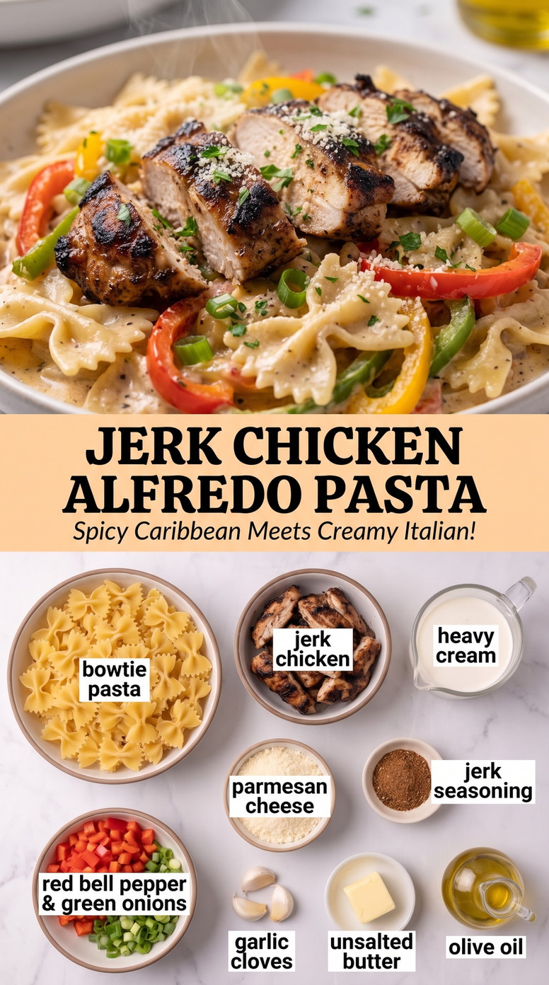 Jerk chicken alfredo pasta showing creamy pasta coated in Parmesan sauce with tender chicken