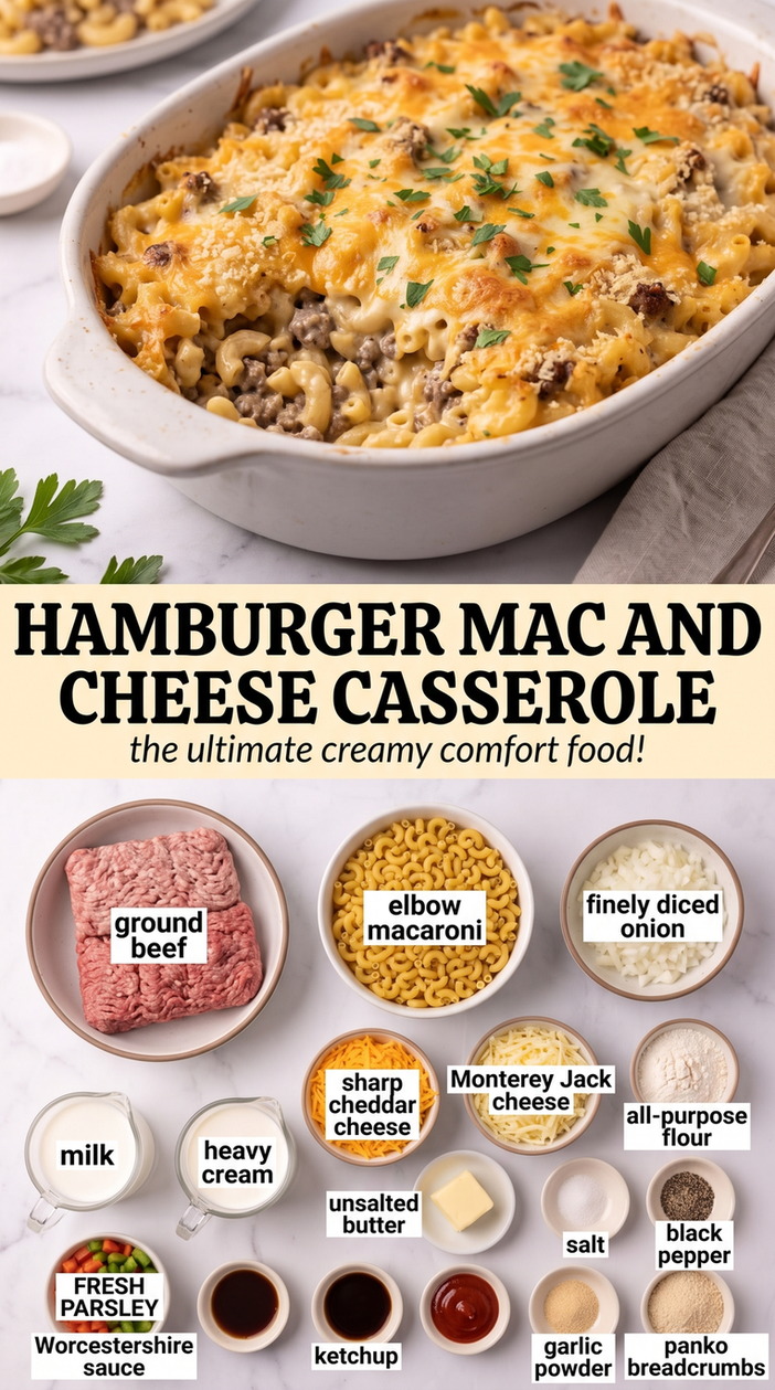 Hamburger Mac and Cheese Casserole showing hamburger macaroni-and-cheese casserole with ground beef, cheddar-Jack sauce, and browned breadcrumbs