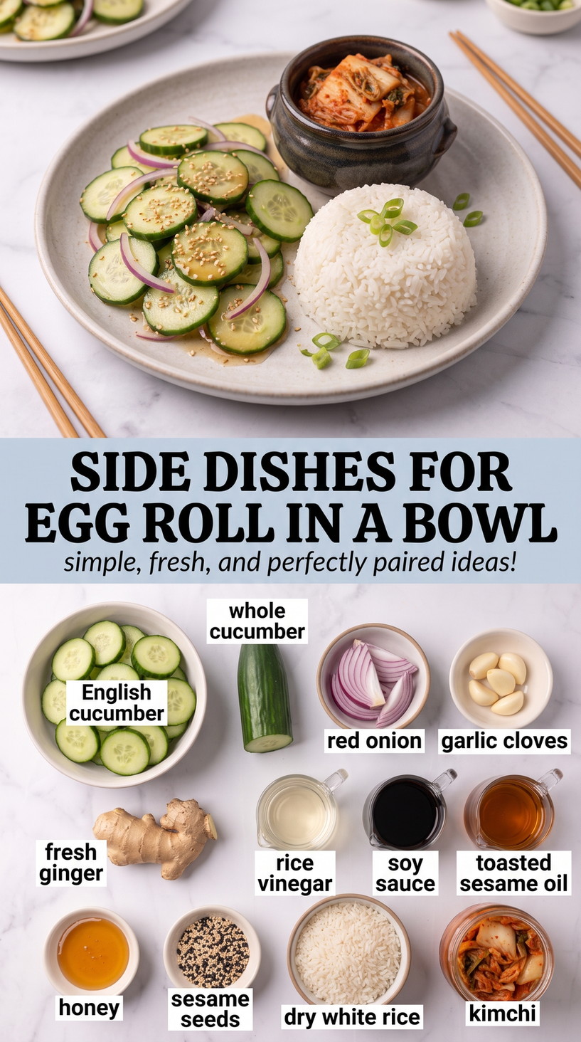 Side Dishes for Egg Roll in a Bowl with a three-part side plate of sesame cucumber salad, steamed white rice, and kimchi